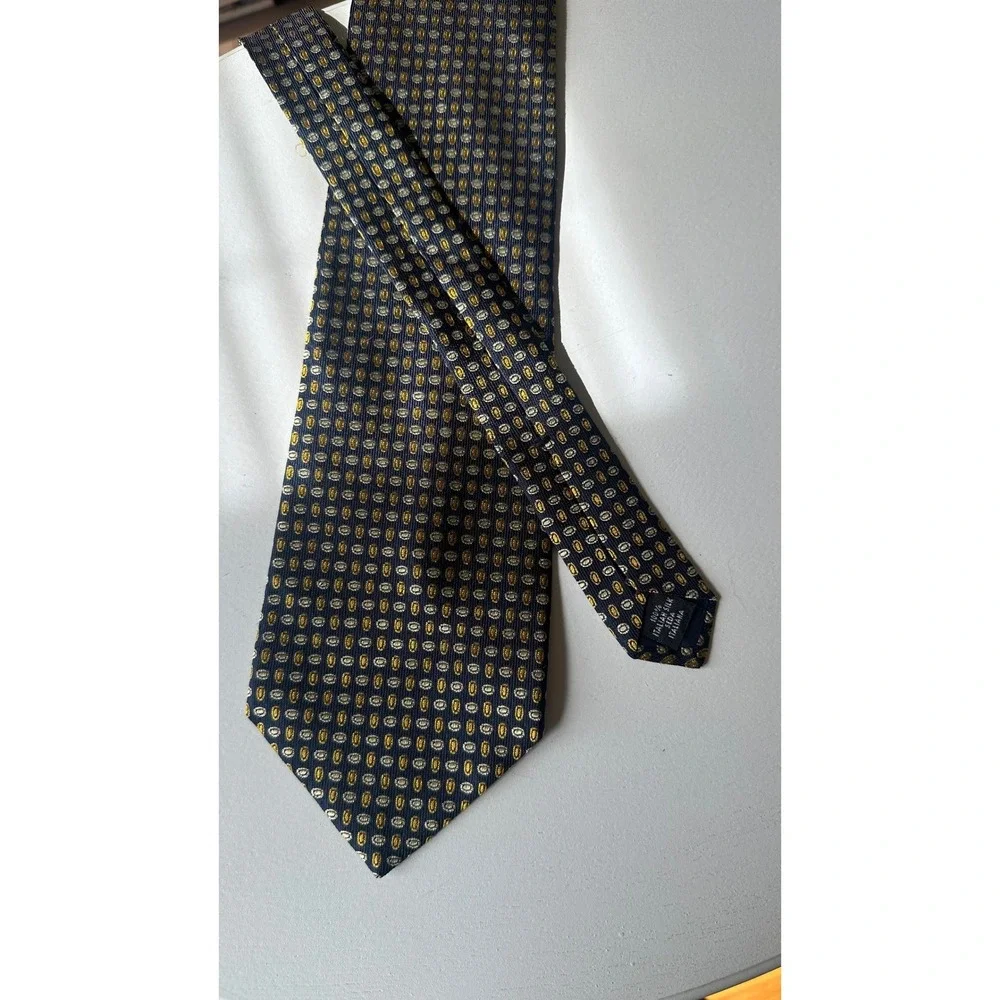 Peterborough Row Mens Silk Tie Navy Blue Gold Geometric Oval Made in USA
